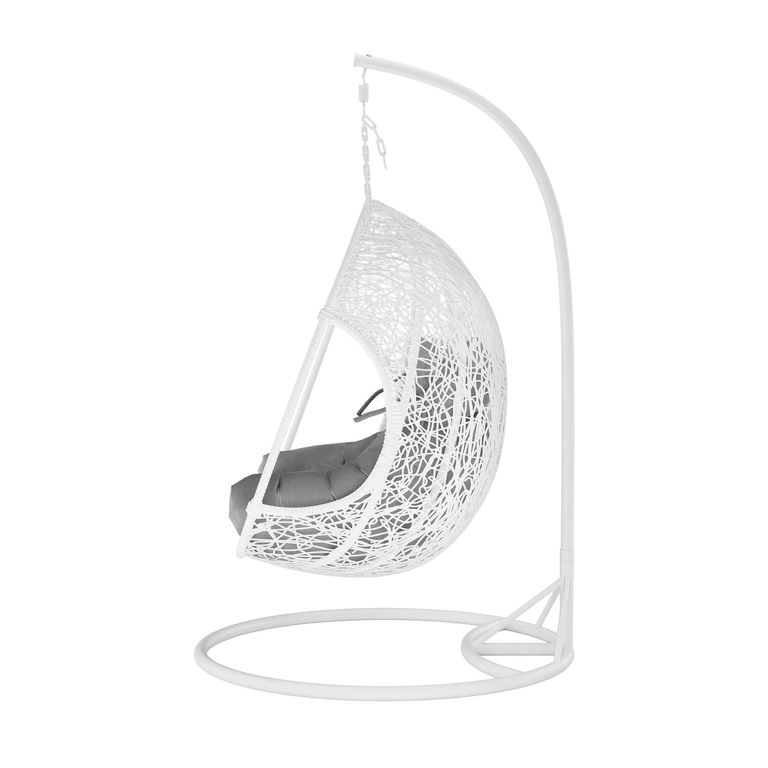 Basin 2-Seater Hanging Egg Chair with Cushion in White, showcasing a woven shell on a curved stand, includes a plush padded seat cushion, designed for stylish indoor or outdoor lounging.