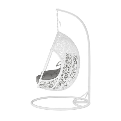 Basin 2-Seater Hanging Egg Chair with Cushion in White, showcasing a woven shell on a curved stand, includes a plush padded seat cushion, designed for stylish indoor or outdoor lounging.