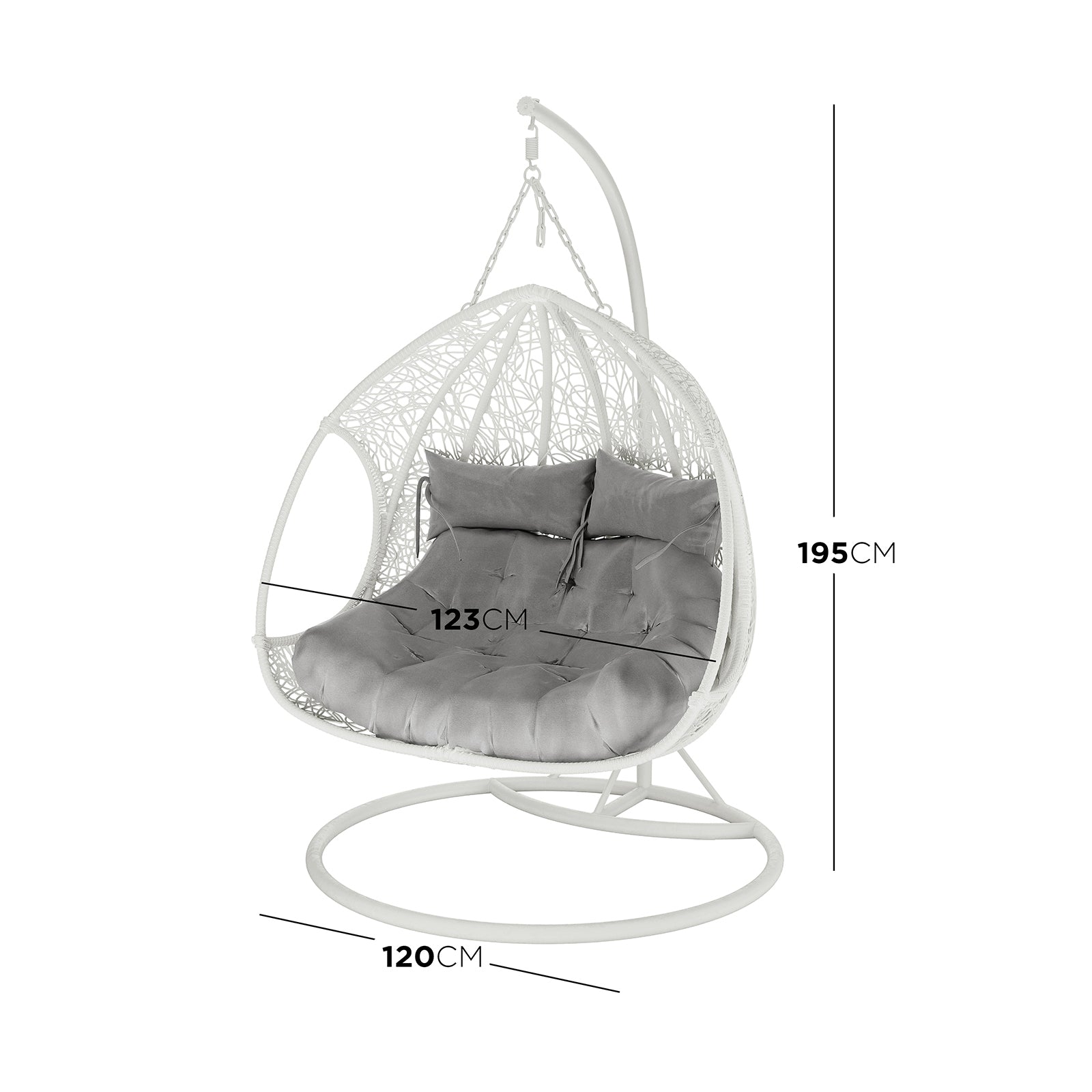 Basin 2-Seater Hanging Egg Chair with Cushion in White, featuring a circular metal base, curved support, woven seat, and plush tufted cushion, perfect for indoor or outdoor relaxation.