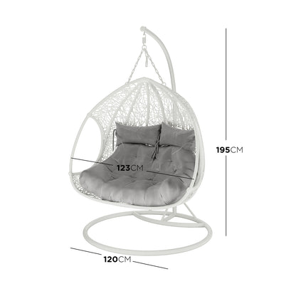 Basin 2-Seater Hanging Egg Chair with Cushion in White, featuring a circular metal base, curved support, woven seat, and plush tufted cushion, perfect for indoor or outdoor relaxation.