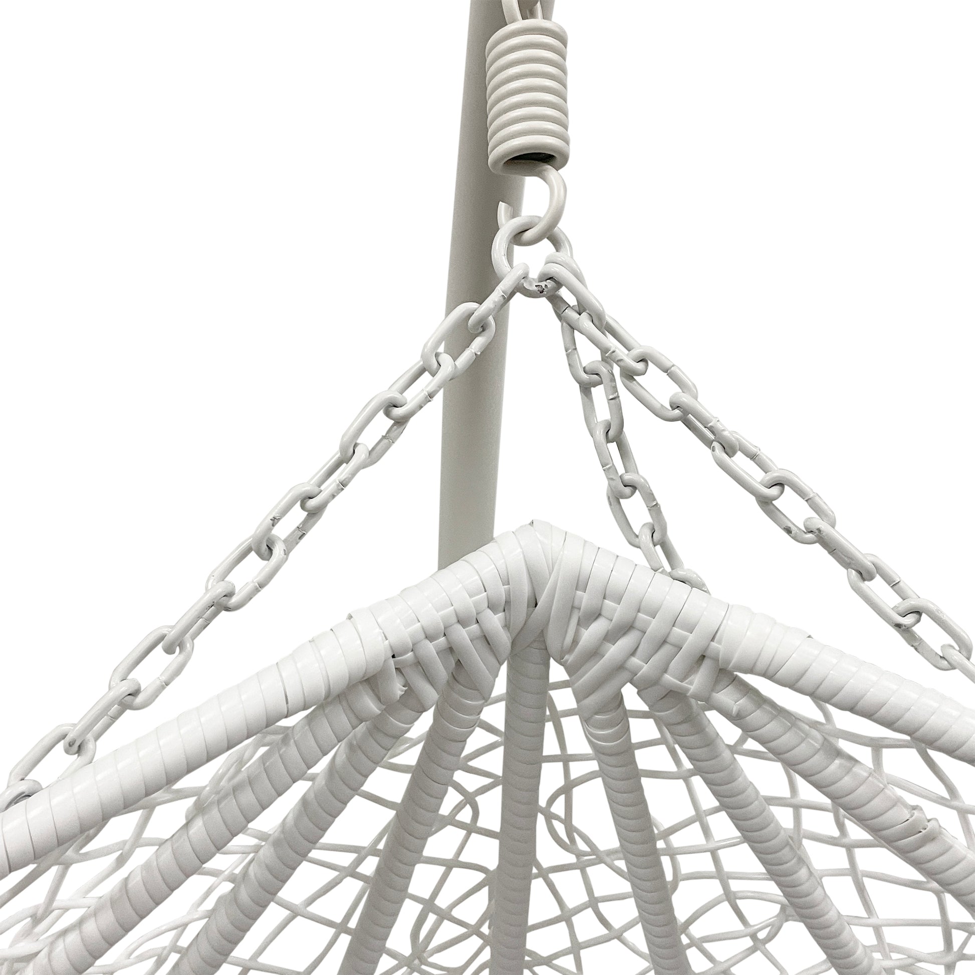 Basin Two-Seater Hanging Egg Chair with Cushion features upper suspension hardware: a coiled spring, short chain, and converging chains connecting to a white synthetic wicker frame for durability.