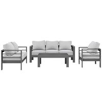 Luxo Bayo 6 Seater Aluminium Outdoor Furniture Set – Grey features a sleek, metal-framed couch with thick cushions and a matching table, offering stylish and comfortable outdoor seating for six.