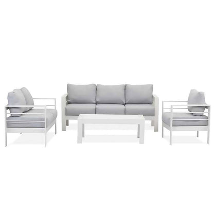 Luxo Bayo 6 Seater Aluminium Outdoor Furniture Set features a sleek design with a white chair, plush cushions, and a sturdy 5cm Polywood table, perfect for stylish outdoor lounging.