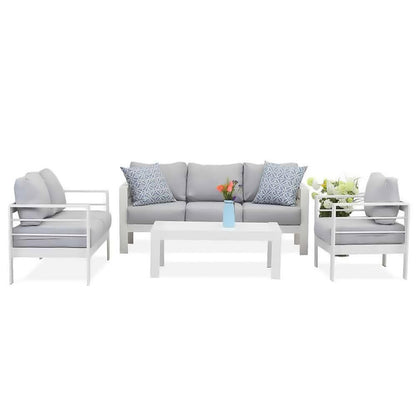 Luxo Bayo 6 Seater Aluminium Outdoor Furniture Set – White/Grey, showcasing plush cushions on a sleek sofa bed, designed for outdoor comfort and style, with a powder-coated aluminium frame and polywood table top.