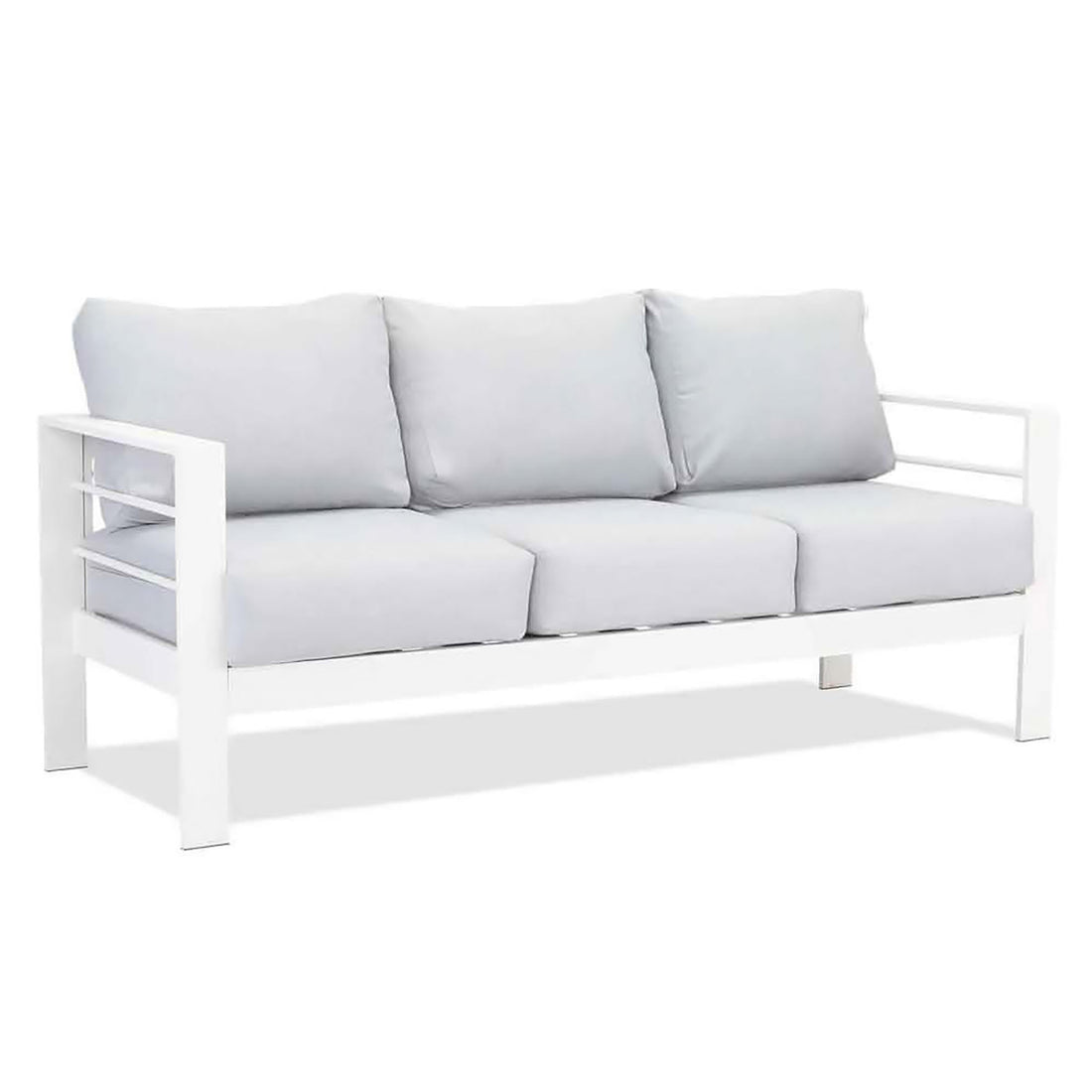 Luxo Bayo 6 Seater Aluminium Outdoor Furniture Set – White/Grey, featuring a thick cushion on a sleek frame, designed for outdoor comfort. Ideal for garden gatherings with its supportive, stylish design.