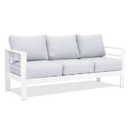 Luxo Bayo 6 Seater Aluminium Outdoor Furniture Set – White/Grey, featuring a thick cushion on a sleek frame, designed for outdoor comfort. Ideal for garden gatherings with its supportive, stylish design.
