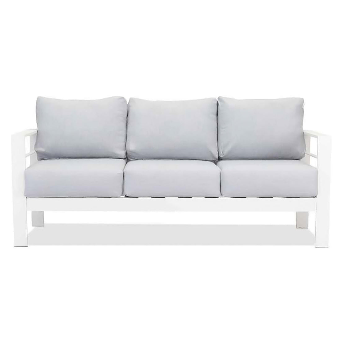 Luxo Bayo 6 Seater Aluminium Outdoor Furniture Set – White/Grey, showcasing a close-up of plush cushions on a stylish aluminium-framed couch, designed for outdoor comfort and seating for six.