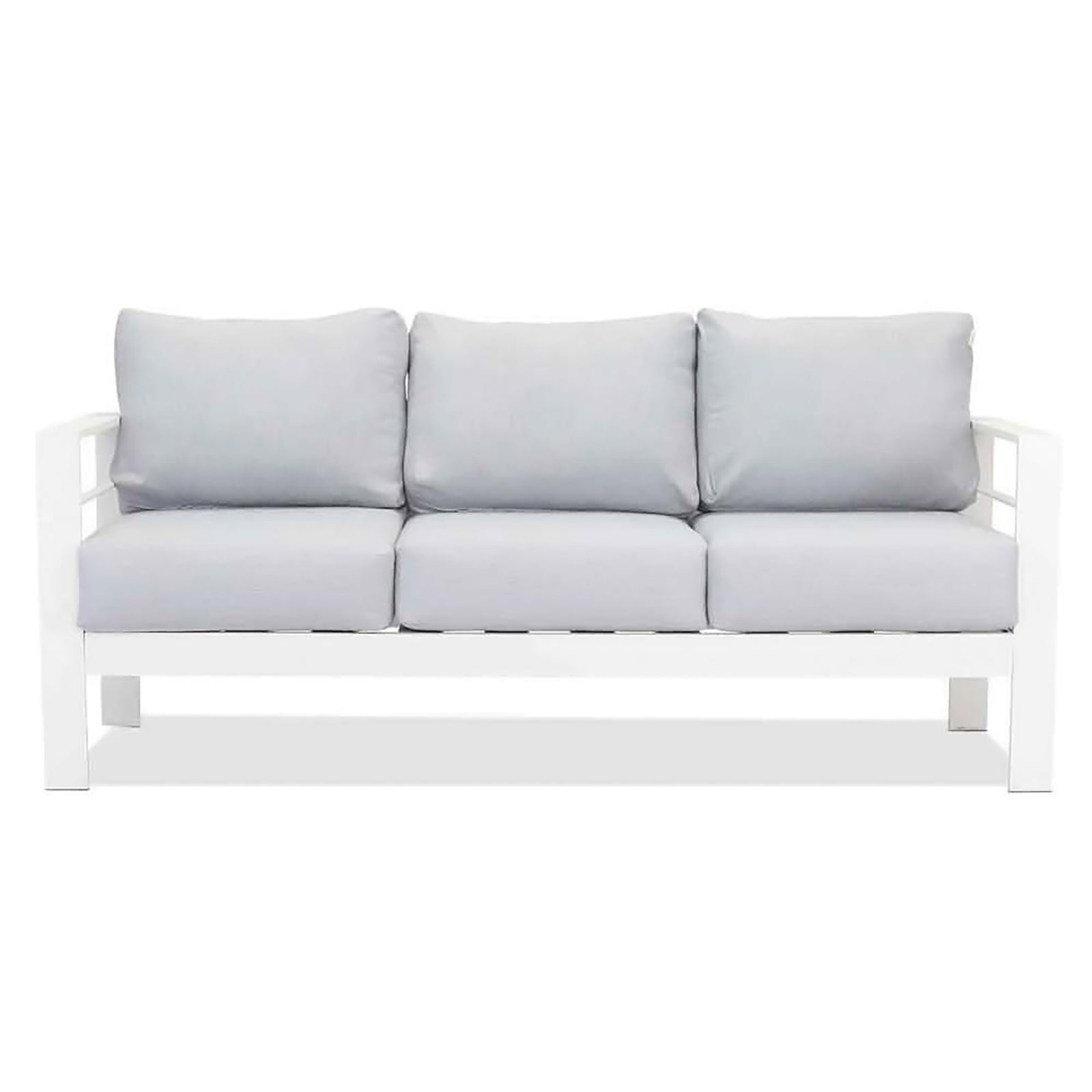 Luxo Bayo 6 Seater Aluminium Outdoor Furniture Set – White/Grey, showcasing a close-up of plush cushions on a stylish aluminium-framed couch, designed for outdoor comfort and seating for six.