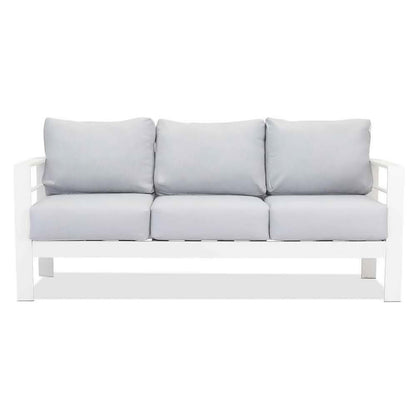 Luxo Bayo 6 Seater Aluminium Outdoor Furniture Set – White/Grey, showcasing a close-up of plush cushions on a stylish aluminium-framed couch, designed for outdoor comfort and seating for six.