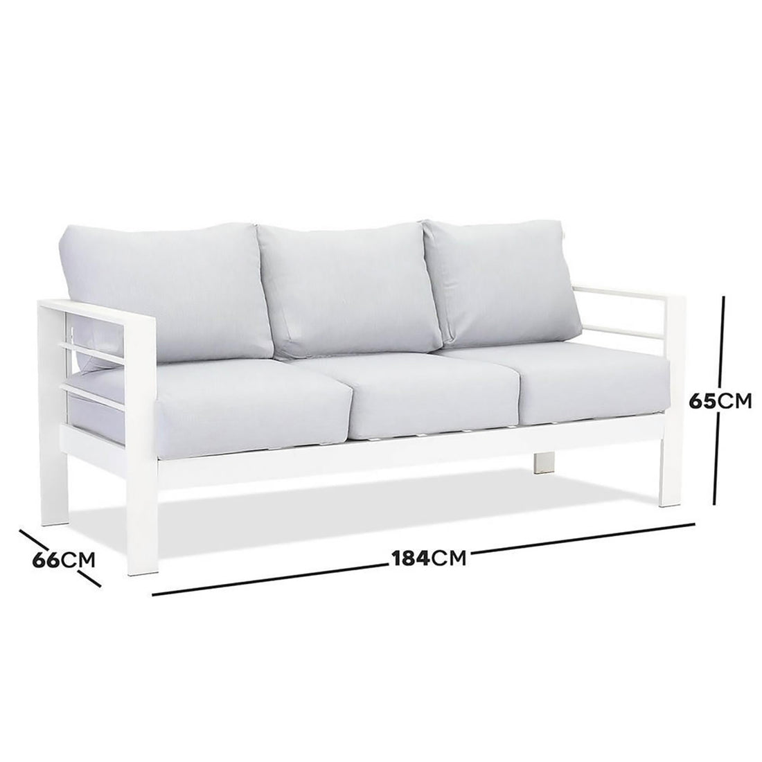 Close-up of Luxo Bayo 6 Seater Aluminium Outdoor Furniture Set, highlighting thick cushioning on a sleek aluminium frame, designed for comfortable outdoor lounging with seating for six.