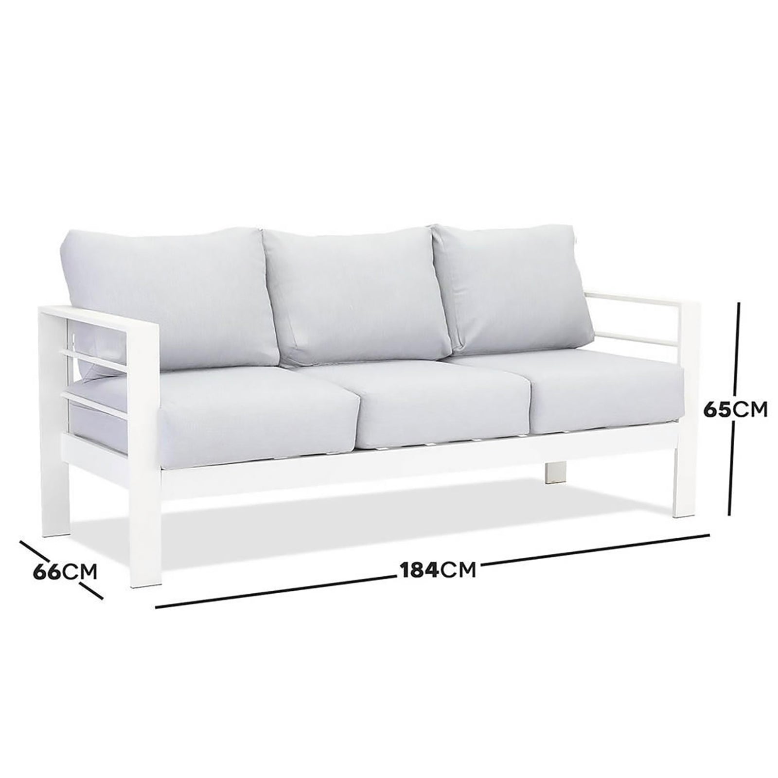Close-up of Luxo Bayo 6 Seater Aluminium Outdoor Furniture Set, highlighting thick cushioning on a sleek aluminium frame, designed for comfortable outdoor lounging with seating for six.