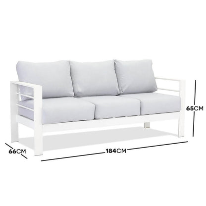Close-up of Luxo Bayo 6 Seater Aluminium Outdoor Furniture Set, highlighting thick cushioning on a sleek aluminium frame, designed for comfortable outdoor lounging with seating for six.