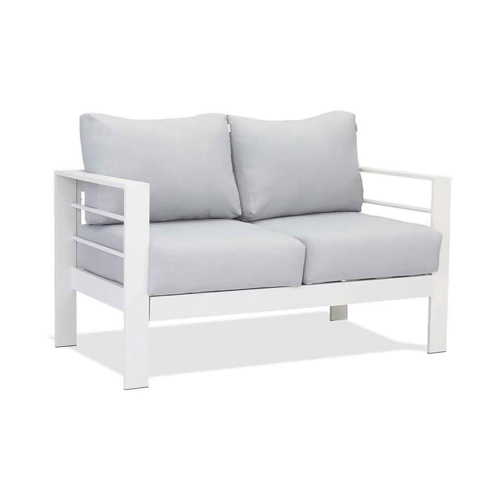 Luxo Bayo 6 Seater Aluminium Outdoor Furniture Set features a plush white cushion, enhancing comfort. Designed for outdoor lounging, it offers thick 15cm cushions, perfect for garden parties.