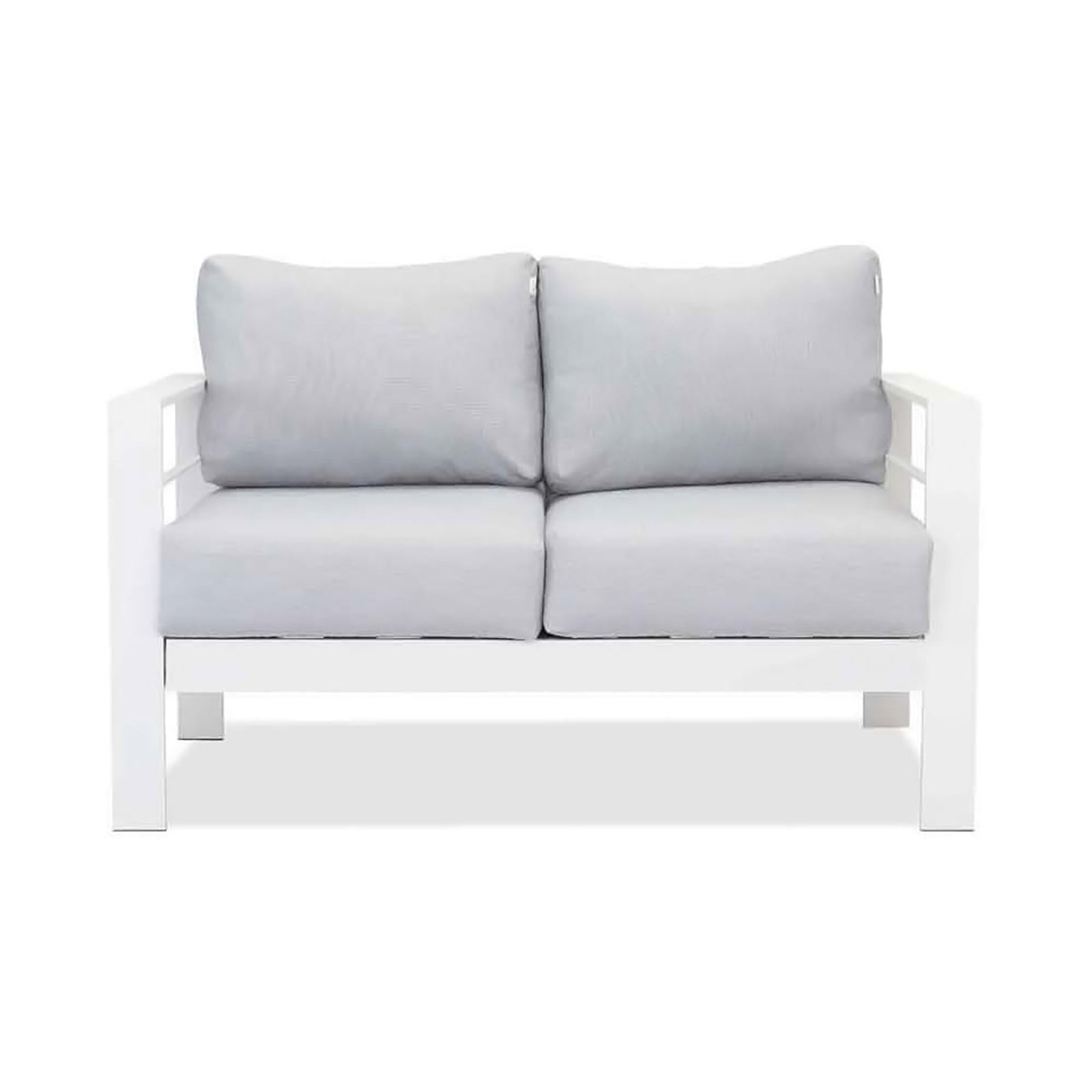 Luxo Bayo 6 Seater Aluminium Outdoor Furniture Set – White/Grey, featuring plush 15cm seat and back cushions, seen on a sleek white surface, ideal for outdoor gatherings with its stylish aluminium frame.