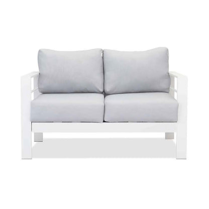 Luxo Bayo 6 Seater Aluminium Outdoor Furniture Set – White/Grey, featuring plush 15cm seat and back cushions, seen on a sleek white surface, ideal for outdoor gatherings with its stylish aluminium frame.