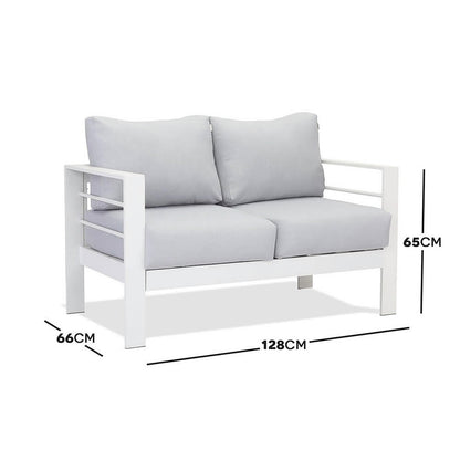 Close-up of the Luxo Bayo 6 Seater Aluminium Outdoor Furniture Set, featuring plush cushions on a sleek powder-coated frame, designed for outdoor comfort and elegance.