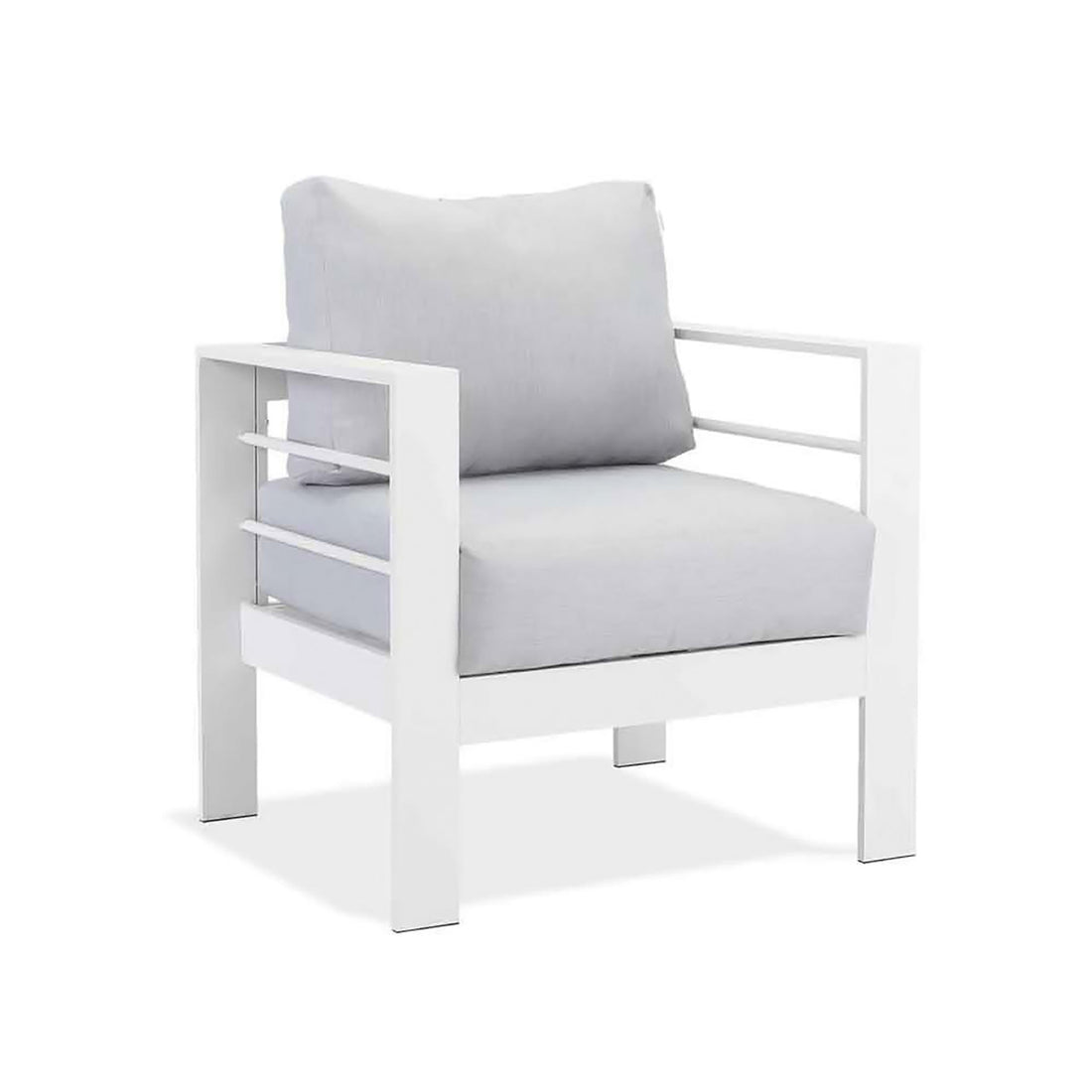 Luxo Bayo 6 Seater Aluminium Outdoor Furniture Set – White/Grey, featuring a white chair with a plush pillow, showcasing armrests and design details, part of a stylish outdoor seating collection.