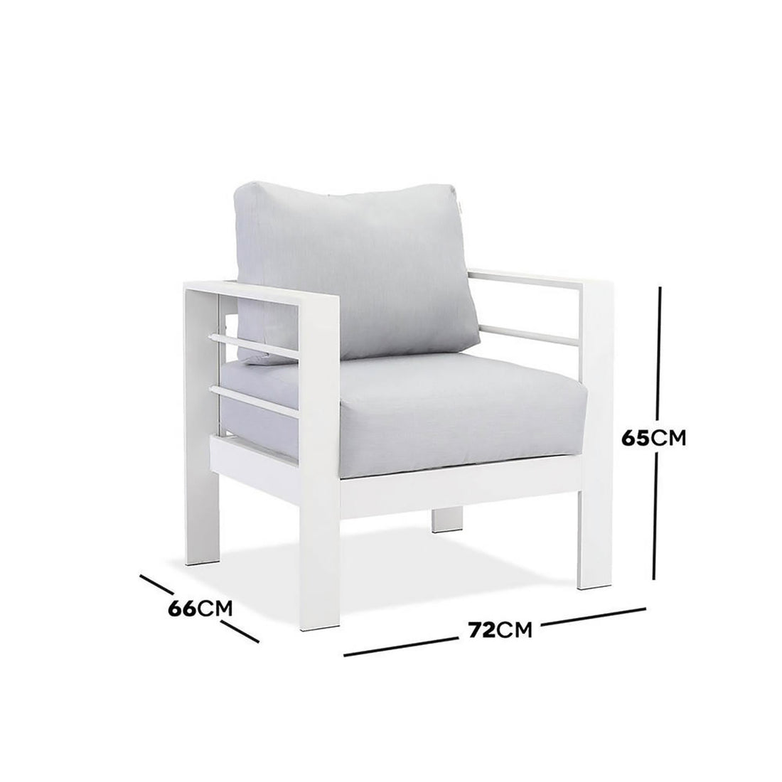 Luxo Bayo 6 Seater Aluminium Outdoor Furniture Set – White/Grey, featuring a durable aluminium frame with thick cushions on a sleek white chair design, perfect for stylish and comfortable outdoor lounging.
