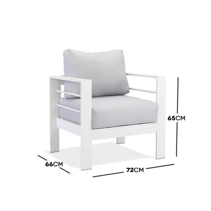 Luxo Bayo 6 Seater Aluminium Outdoor Furniture Set – White/Grey, featuring a durable aluminium frame with thick cushions on a sleek white chair design, perfect for stylish and comfortable outdoor lounging.
