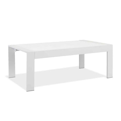 Luxo Bayo 6 Seater Aluminium Outdoor Furniture Set showcasing a sleek white rectangular table with sturdy legs, perfect for outdoor lounging with comfortable seating for six and durable design.