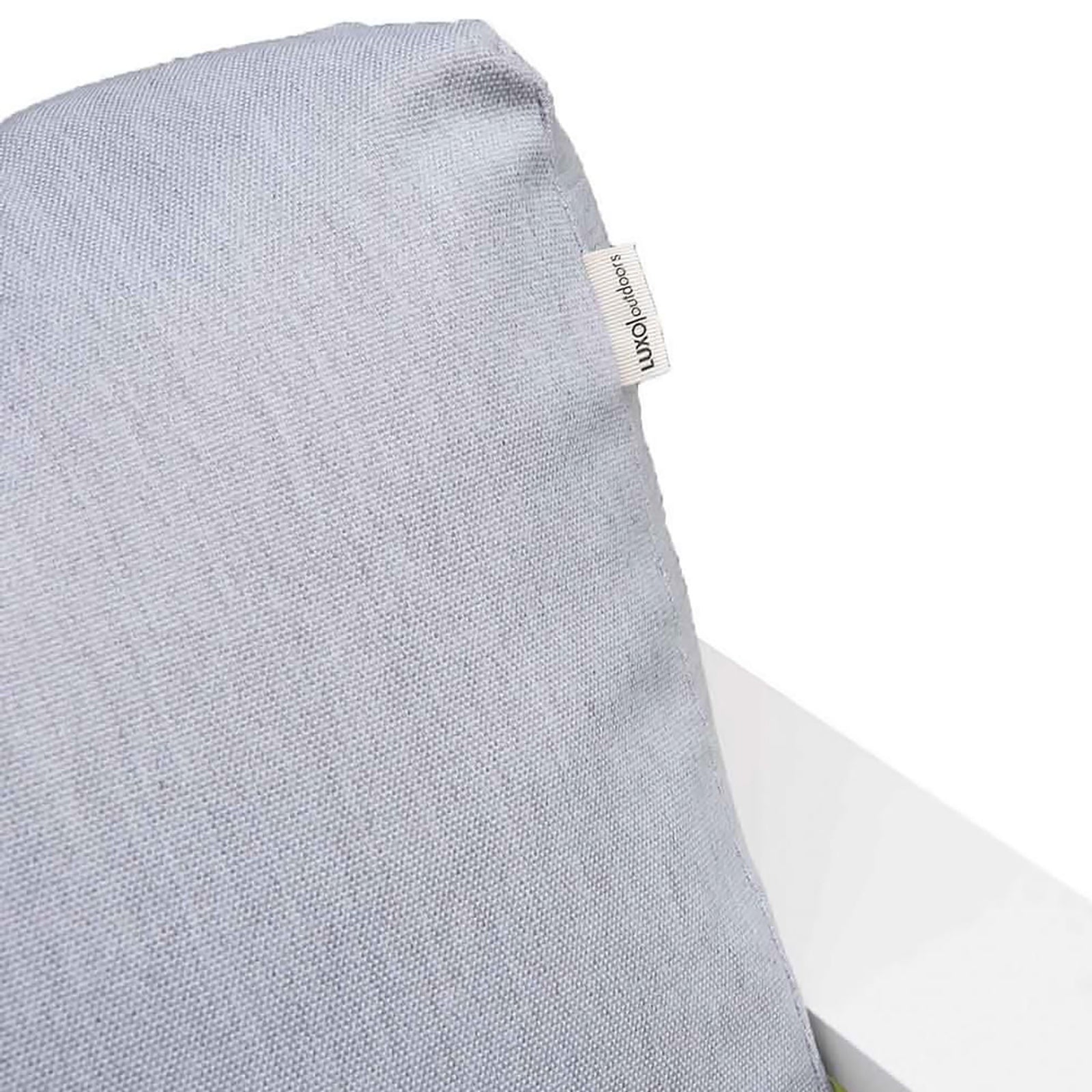 Close-up of the Luxo Bayo 6 Seater Aluminium Outdoor Furniture Set, showcasing plush 15cm cushions on a sleek powder-coated aluminium frame, highlighting its inviting design for garden gatherings.