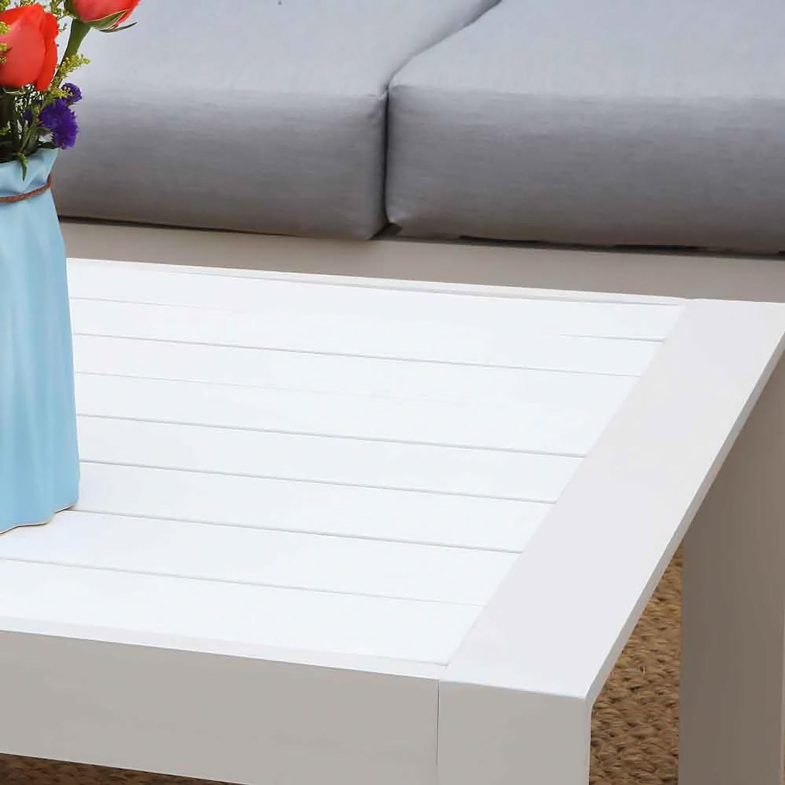 Luxo Bayo 6 Seater Aluminium Outdoor Furniture Set showcases a stylish design with a powder-coated aluminium frame and thick cushions, providing comfortable seating for six, perfect for garden gatherings.