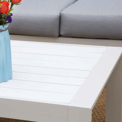 Luxo Bayo 6 Seater Aluminium Outdoor Furniture Set showcases a stylish design with a powder-coated aluminium frame and thick cushions, providing comfortable seating for six, perfect for garden gatherings.