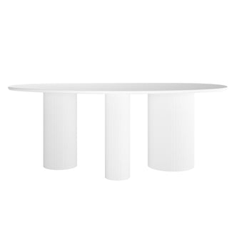 Belmar 200cm Curved Outdoor Concrete Dining Table in White, featuring a sleek oval top and three fluted cylindrical legs, perfect for both indoor and outdoor dining settings.