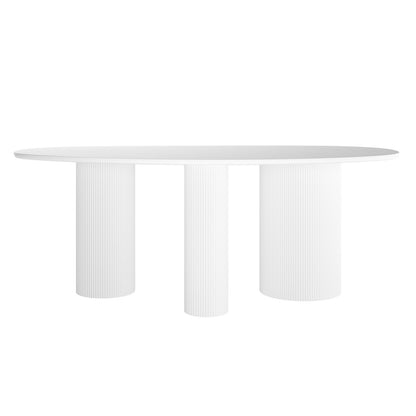 Belmar 200cm Curved Outdoor Concrete Dining Table in White, featuring a sleek oval top and three fluted cylindrical legs, perfect for both indoor and outdoor dining settings.