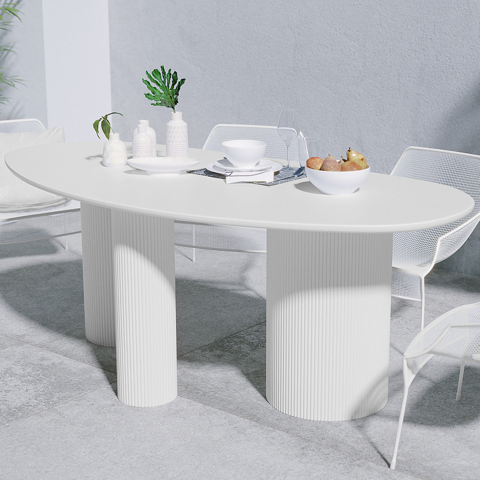 Belmar 200cm Curved Outdoor Concrete Dining Table in White – Luxo