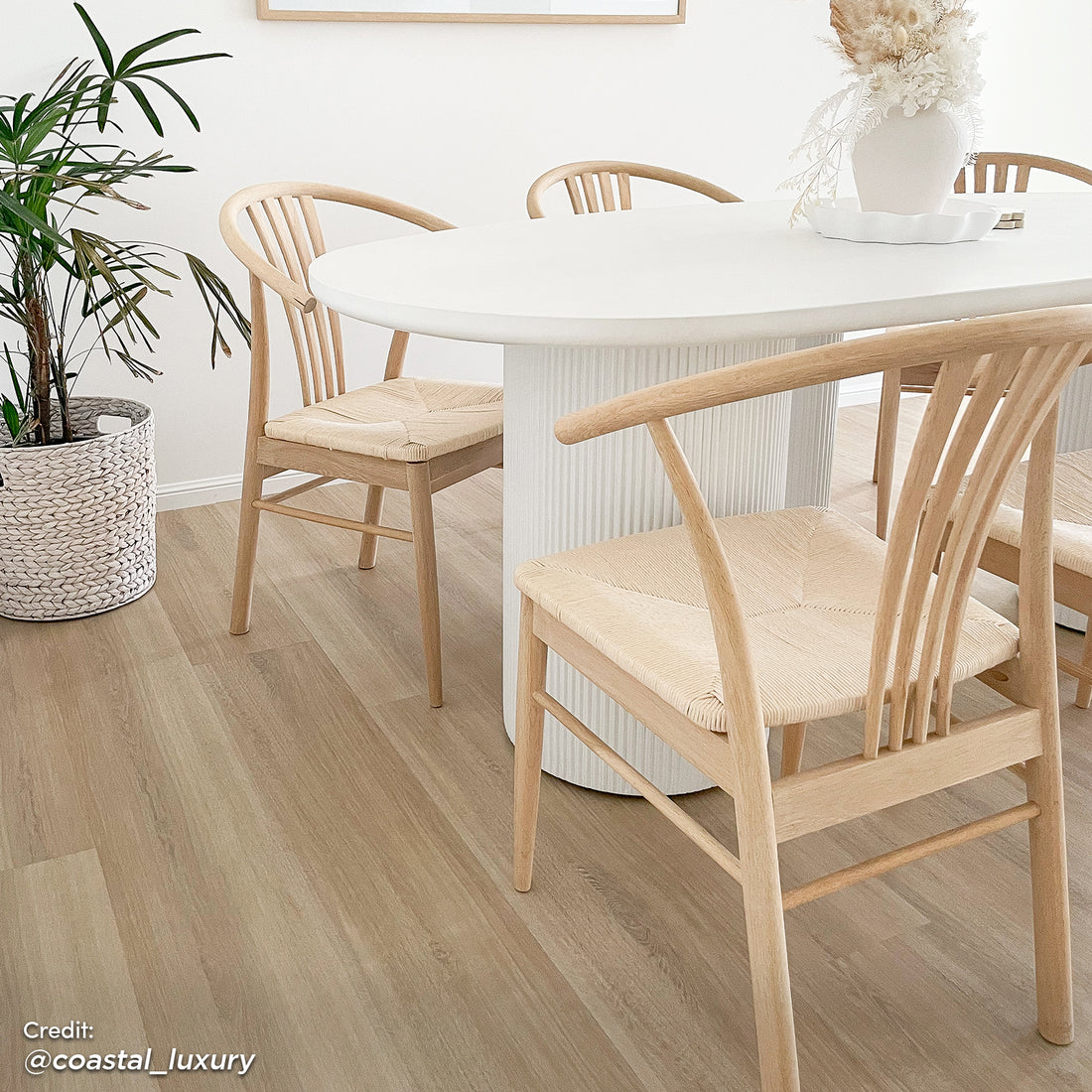 Belmar 200cm Curved Outdoor Concrete Dining Table in White, featuring a sleek, minimalist design, set in an airy dining nook with surrounding bent-wood chairs and a woven basket planter.