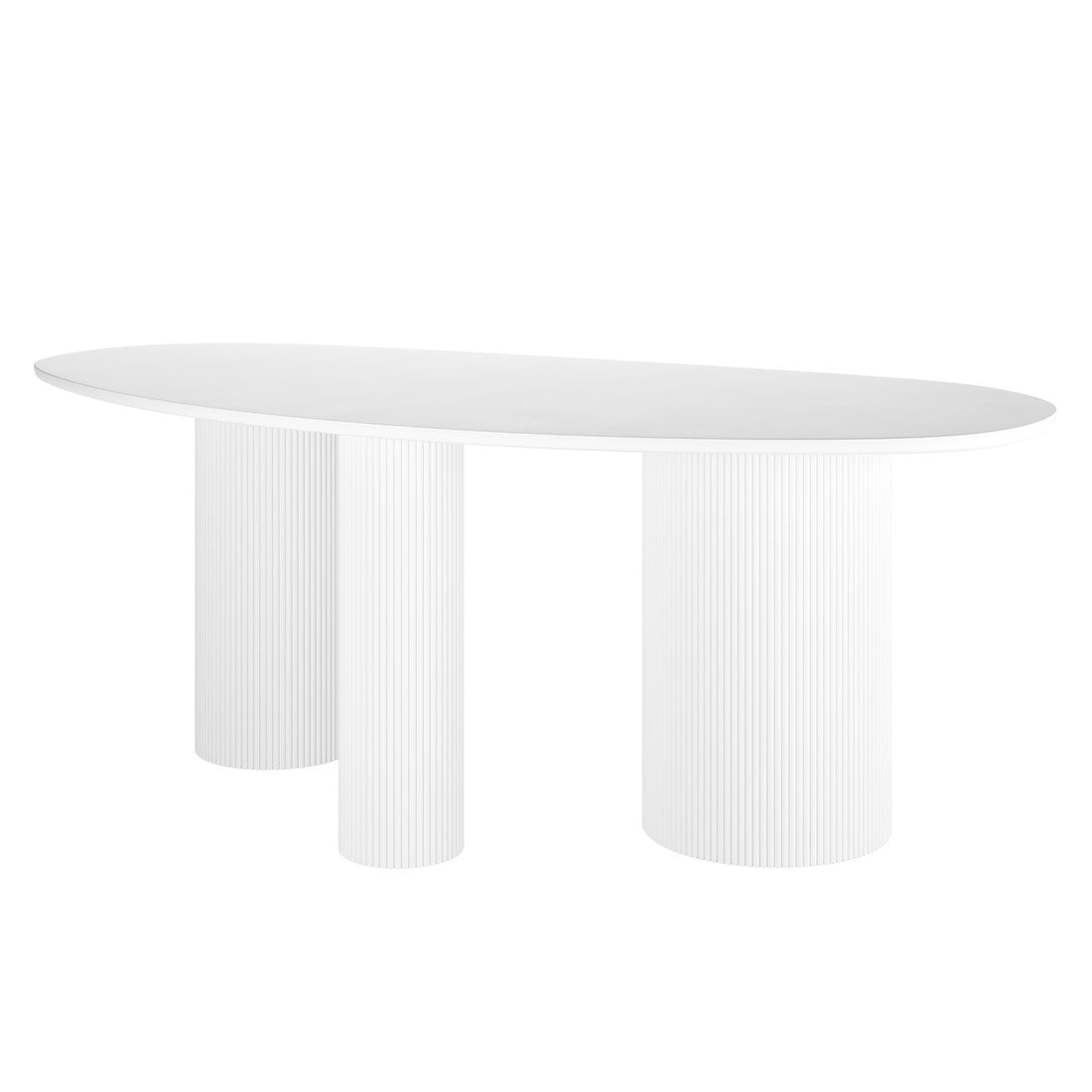 Belmar 200cm Curved Outdoor Concrete Dining Table in White, featuring a minimalist elongated oval top and four vertically fluted cylindrical pedestal legs, suitable for indoor/outdoor use, seats eight comfortably.