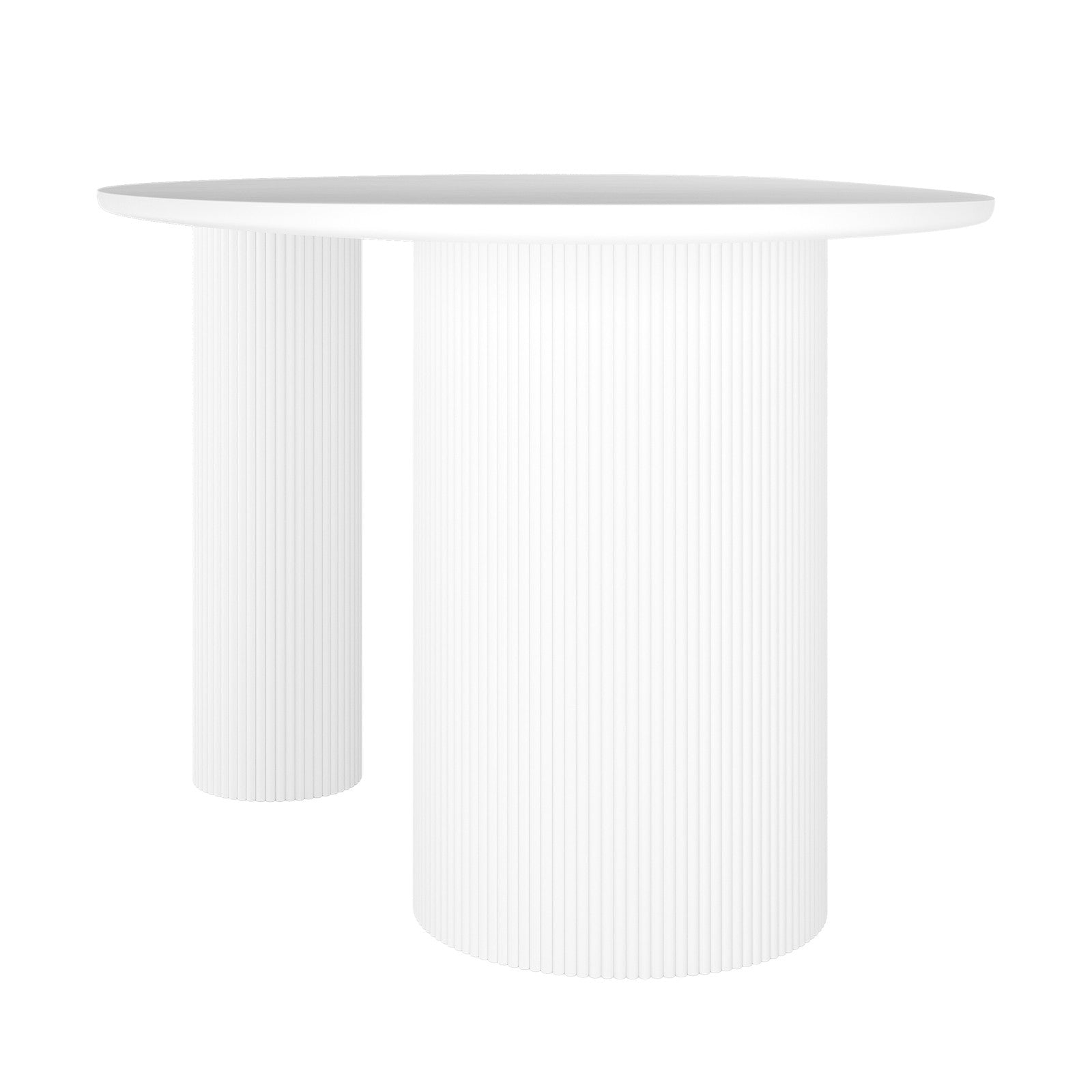 Belmar 200cm Curved Outdoor Concrete Dining Table in White with a minimalist design, featuring a smooth round surface and two fluted cylindrical pedestal legs of different diameters.