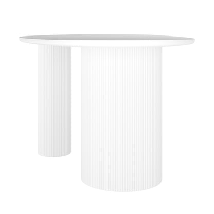 Belmar 200cm Curved Outdoor Concrete Dining Table in White with a minimalist design, featuring a smooth round surface and two fluted cylindrical pedestal legs of different diameters.