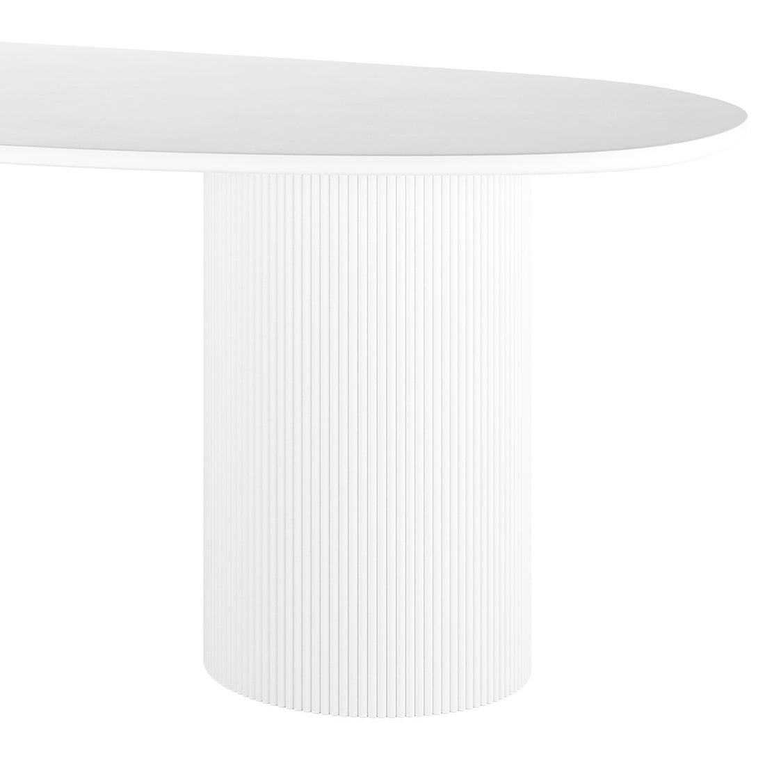 Belmar 200cm Concrete Indoor/Outdoor Dining Table in White, featuring a smooth, oval tabletop and tall, fluted cylindrical pedestal base, ideal for elegant gatherings and versatile indoor or outdoor use.