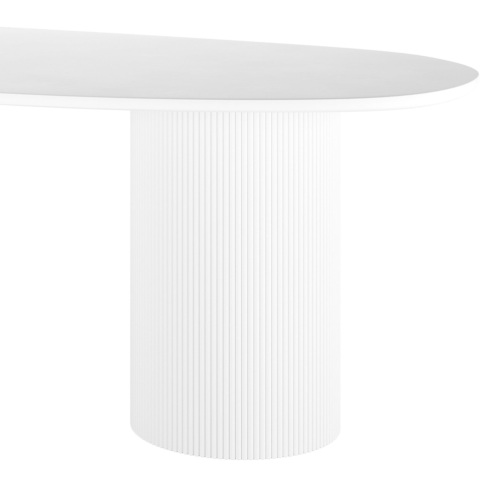 Belmar 200cm Concrete Indoor/Outdoor Dining Table in White, featuring a smooth, oval tabletop and tall, fluted cylindrical pedestal base, ideal for elegant gatherings and versatile indoor or outdoor use.