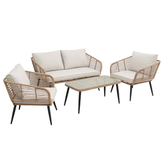 Bequia 4-Seater Rope Wicker Outdoor Sofa Light Beige, showcasing its elegant rope wicker design with plush cushions, emphasizing its luxurious and inviting outdoor lounging appeal.