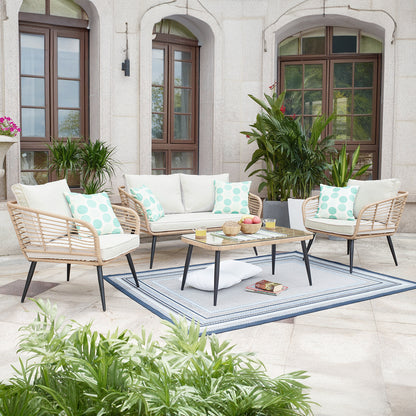 Bequia 4 Seater Rope Wicker Outdoor Sofa Light Beige, featuring a sleek design with comfortable cushions, set atop a stylish coffee table with tempered glass, perfect for outdoor lounging.
