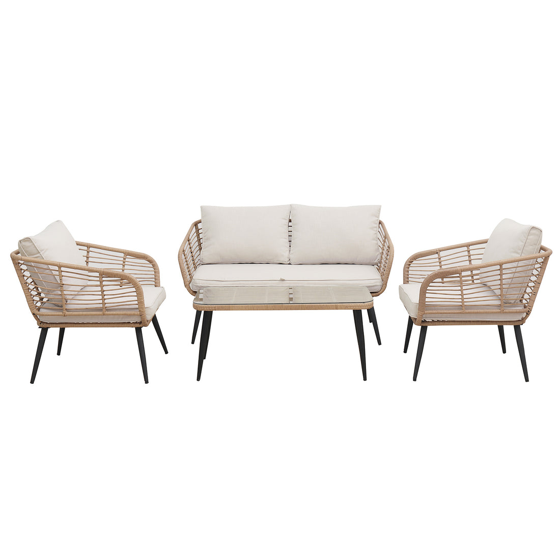 Bequia 4 Seater Rope Wicker Outdoor Sofa Light Beige featuring a high-quality wicker design with plush cushions, suitable for outdoor settings, accompanied by a matching coffee table with a tempered glass top.