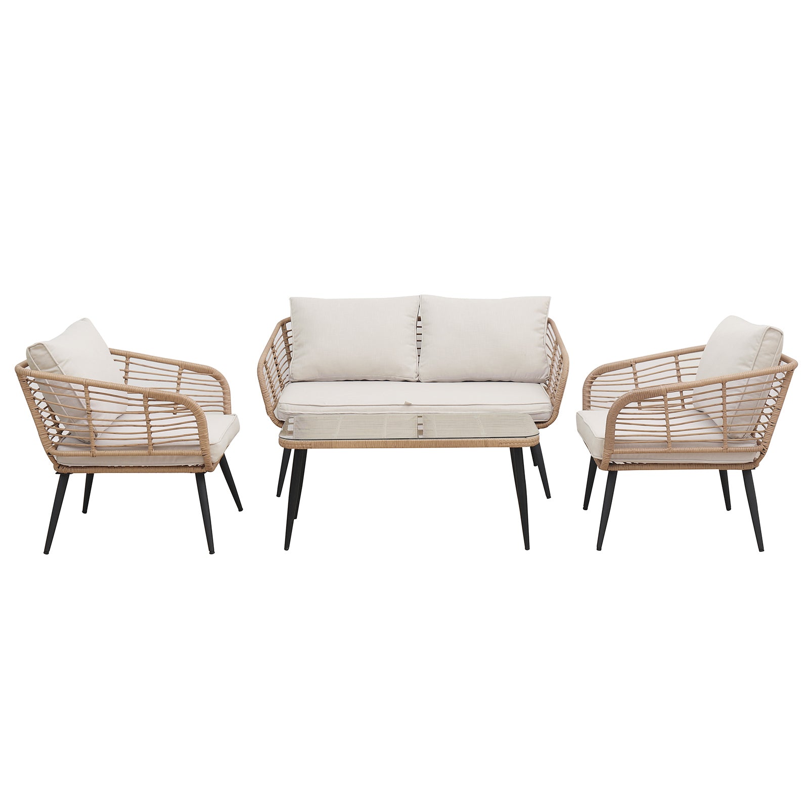 Bequia 4 Seater Rope Wicker Outdoor Sofa Light Beige featuring a high-quality wicker design with plush cushions, suitable for outdoor settings, accompanied by a matching coffee table with a tempered glass top.