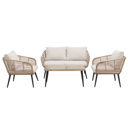 Bequia 4 Seater Rope Wicker Outdoor Sofa Light Beige featuring a high-quality wicker design with plush cushions, suitable for outdoor settings, accompanied by a matching coffee table with a tempered glass top.