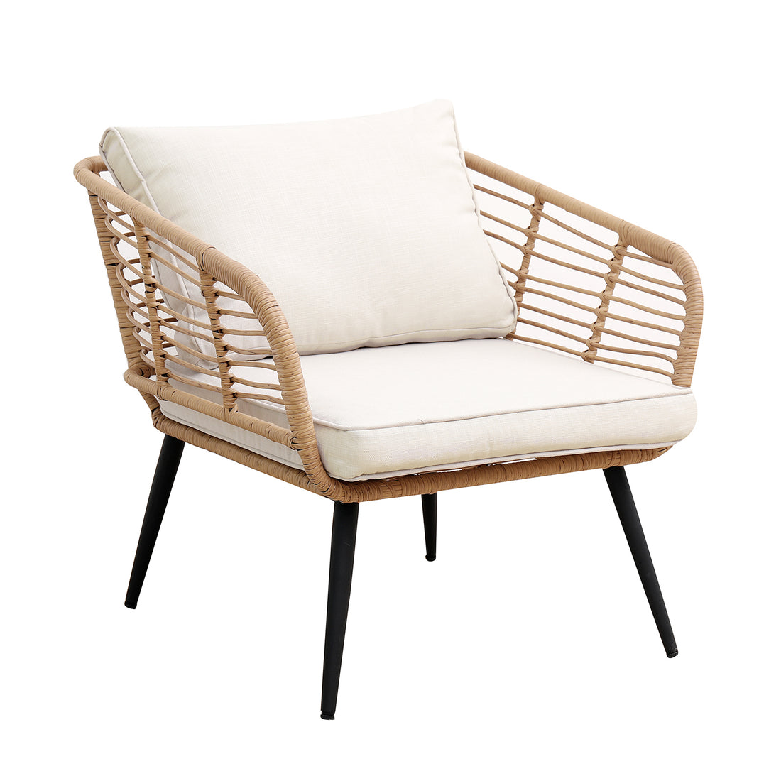 Bequia 4 Seater Rope Wicker Outdoor Sofa Light Beige features a close-up of a wicker chair with armrests, complemented by a cushion, showcasing its intricate rope design and plush seating.