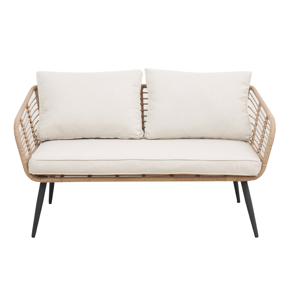 Bequia 4 Seater Rope Wicker Outdoor Sofa with Light Beige cushions, featuring a rope wicker design and Scandinavian legs, perfect for outdoor lounging with high-density foam cushions on a white surface.