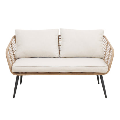 Bequia 4 Seater Rope Wicker Outdoor Sofa with Light Beige cushions, featuring a rope wicker design and Scandinavian legs, perfect for outdoor lounging with high-density foam cushions on a white surface.