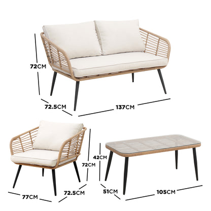 Bequia 4-Seater Rope Wicker Outdoor Sofa Light Beige featuring a contemporary design with Scandinavian legs, wicker frame, and plush cushions. Includes a matching glass-topped table for outdoor elegance.