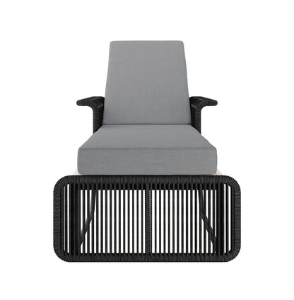 Boonoo Premium Aluminium Outdoor Rattan Sun Lounger Grey, showcasing its sleek aluminium frame, handwoven rattan, plush quick-dry cushions, and adjustable reclining positions for ultimate outdoor lounging comfort.