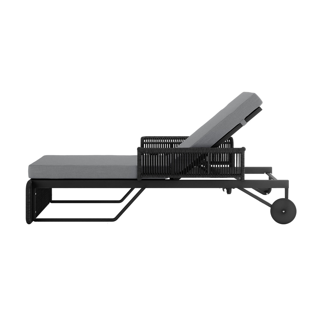 Boonoo Premium Aluminium Outdoor Rattan Sun Lounger Grey displayed in a relaxed outdoor setting, showcasing its adjustable reclining positions and handwoven rattan design, emphasizing comfort with plush, quick-dry cushions.