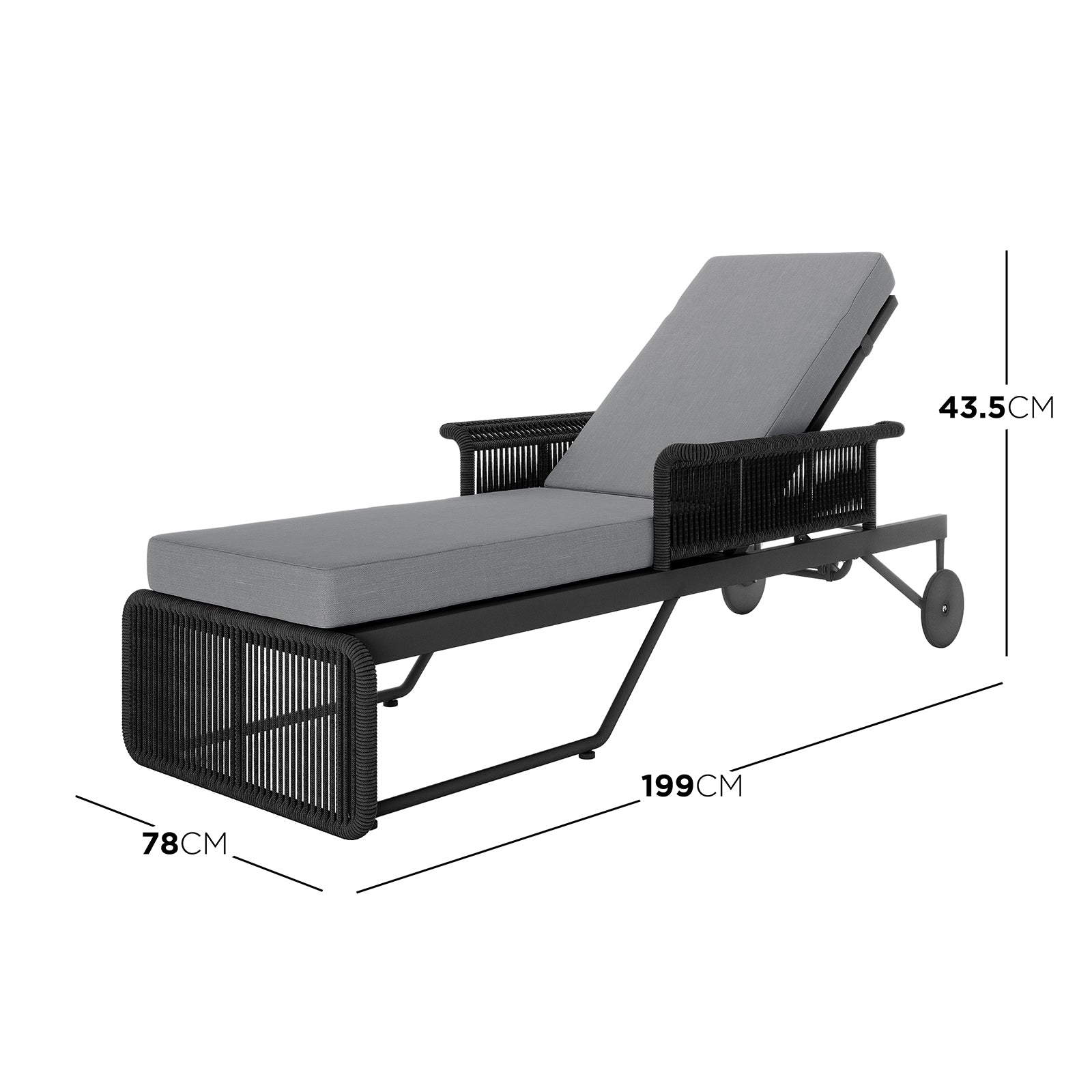 Dimension of the Boonoo Premium Aluminium Outdoor Rattan Sun Lounger Grey showcases a sleek black chair with a durable aluminium frame, featuring handwoven rattan texture and soft cushions for ultimate outdoor relaxation.