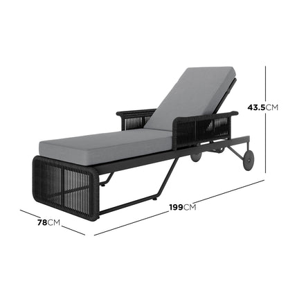 Dimension of the Boonoo Premium Aluminium Outdoor Rattan Sun Lounger Grey showcases a sleek black chair with a durable aluminium frame, featuring handwoven rattan texture and soft cushions for ultimate outdoor relaxation.