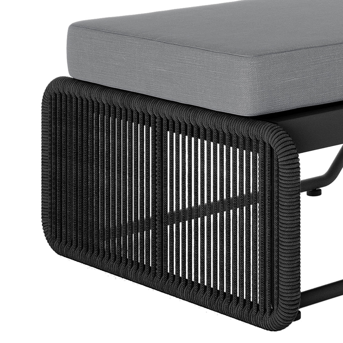 Boonoo Premium Aluminium Outdoor Rattan Sun Lounger Grey, showcasing close-ups of elegant handwoven rattan and plush, quick-dry cushions on a sleek aluminium frame, designed for luxurious outdoor relaxation.